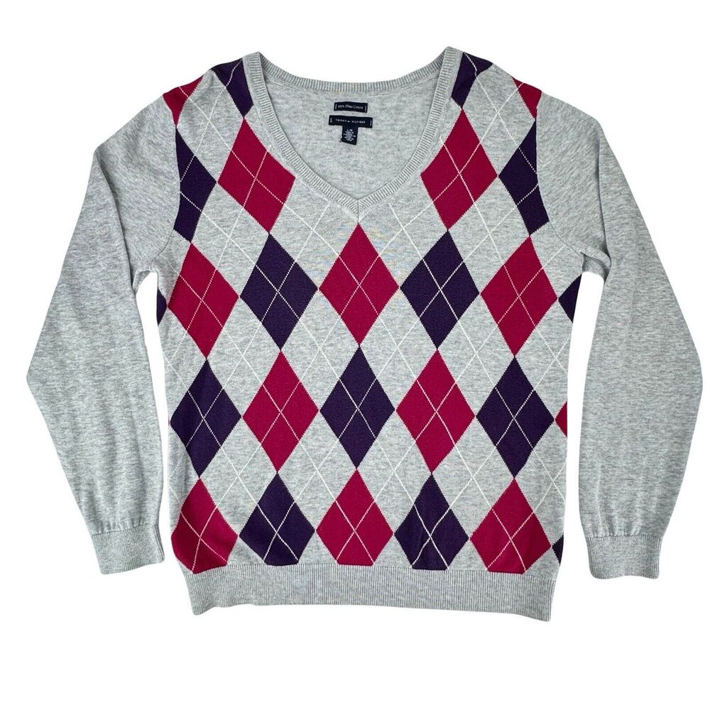Tommy Hilfiger Pima Cotton V-Neck Argyle Sweater Women's Large